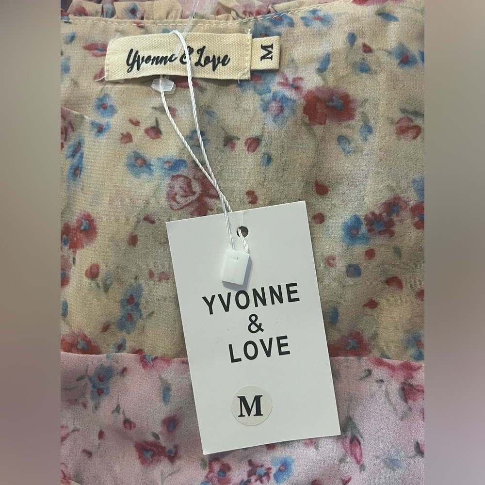 Yvonne & Love rose jaune bleu fleurs manches bouffantes maxi boho (taille M) - Picture 16 of 17